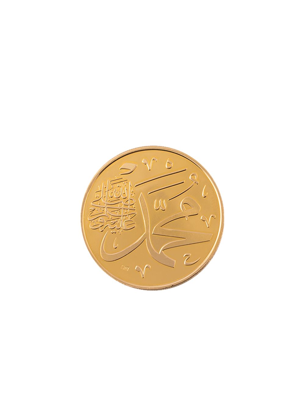 A 5-pound Islamic gold coin from BTC featuring the "Prophet's Seal."