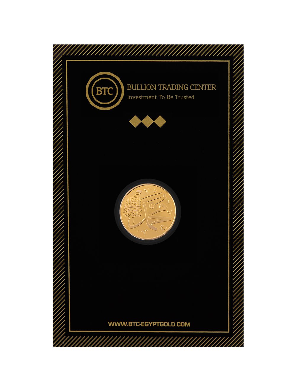 A 21-karat BTC quarter gold coin with an Islamic design.